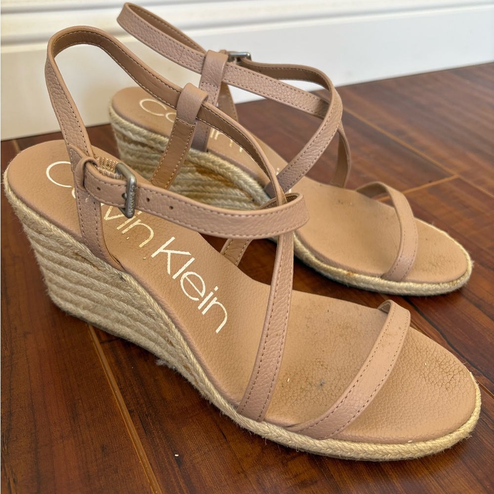 Calvin Klein Nude Tan Strappy Wedge Espadrille Sandals